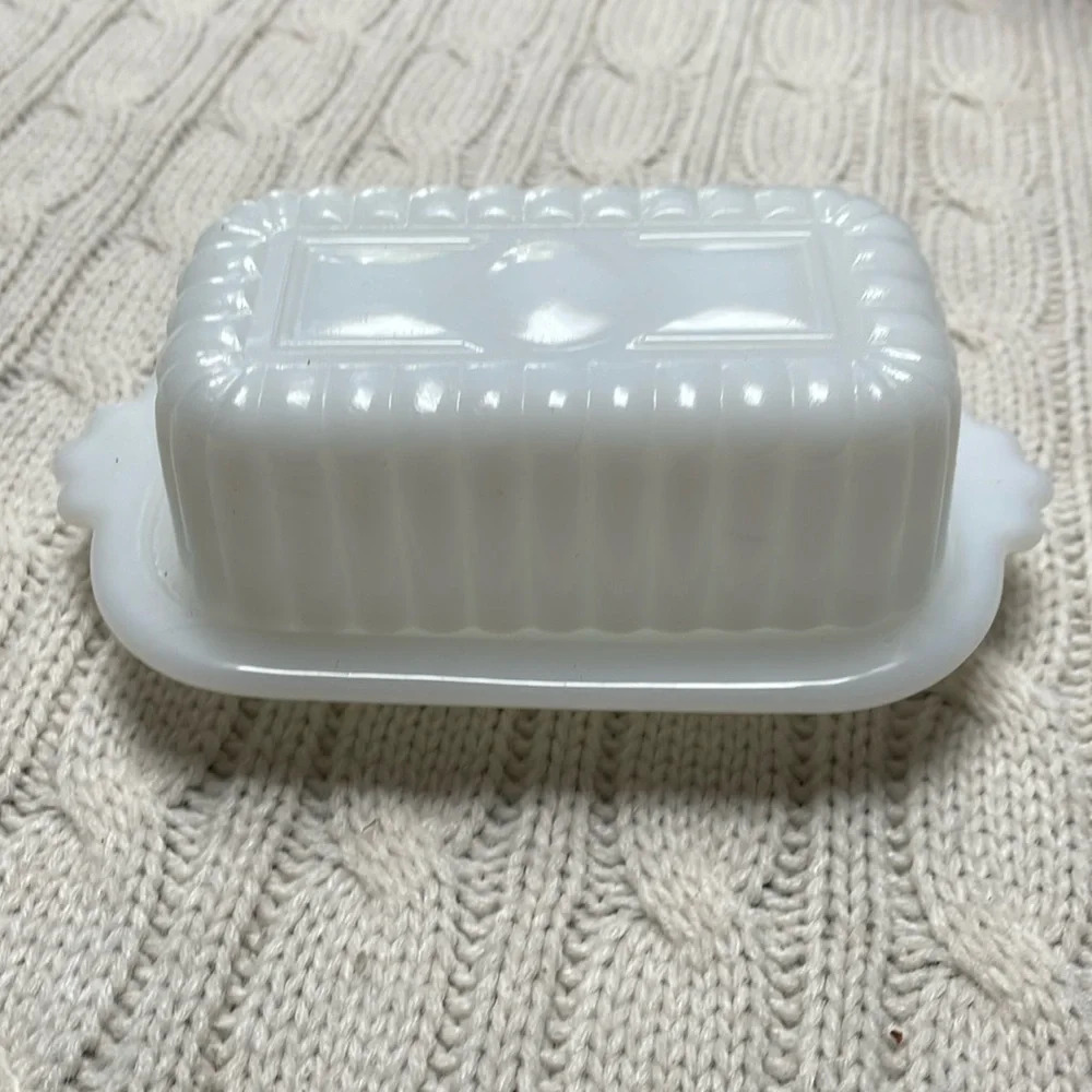 Vtg Hazel Atlas half stick butterdish w/ lid White Milk glass Ribbed MCM 1950s